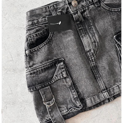 Multiple Pockets Denim Plaid Skirt Vintage Goth Black Y2k