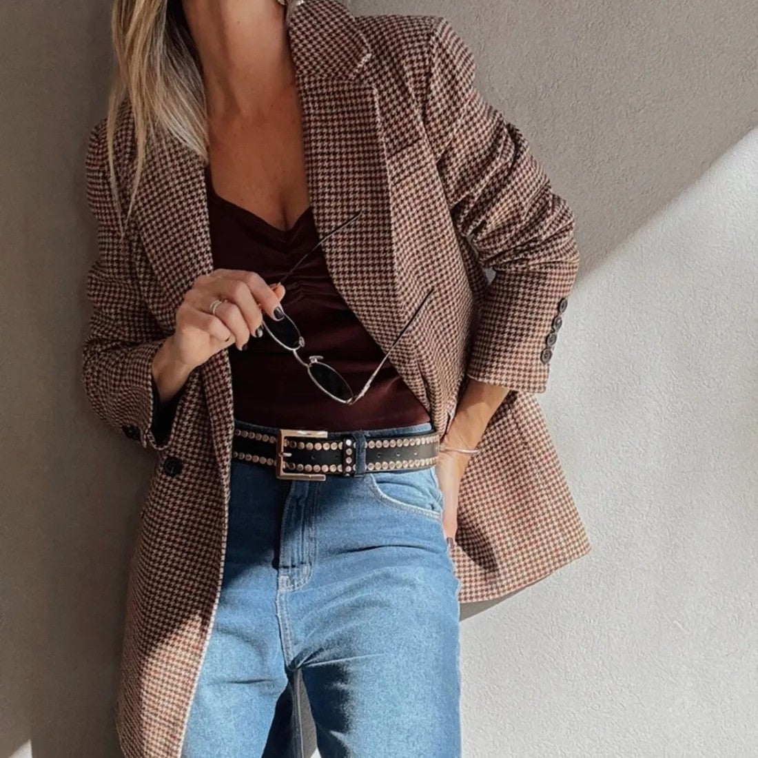 Brown Houndstooth Lapel Collar Blazer