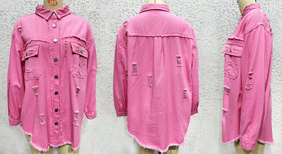 Distressed Denim Jacket Women's Long Sleeve Shirt Casual Lapel Coat With Raw Hem Details