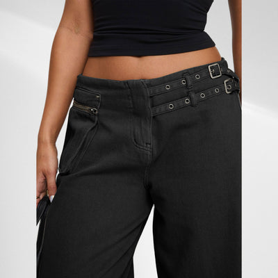 European And American Dark Wide-leg Jeans Personalized Belt Buckle Asymmetric Pocket Drag Sister Out Of The Street