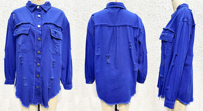 Distressed Denim Jacket Women's Long Sleeve Shirt Casual Lapel Coat With Raw Hem Details