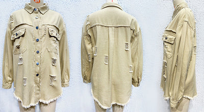 Distressed Denim Jacket Women's Long Sleeve Shirt Casual Lapel Coat With Raw Hem Details
